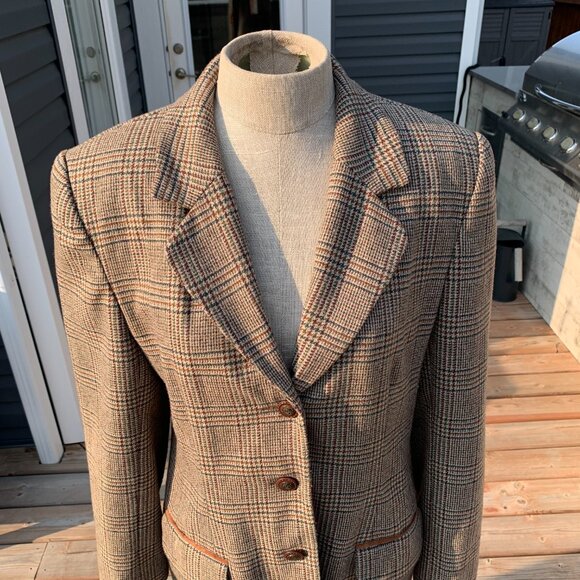 Vintage 70s Tweed Plaid Faux Suede Elbow Patch 3 Button Blazer Jacket - Picture 2 of 16